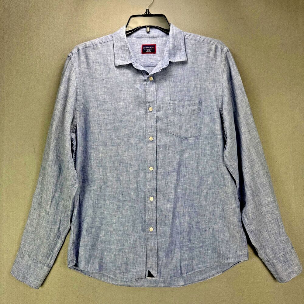 UNTUCKit Shirt Men's L Santos Reg Fit Blue LS Wrinkle Resistant 100% Linen